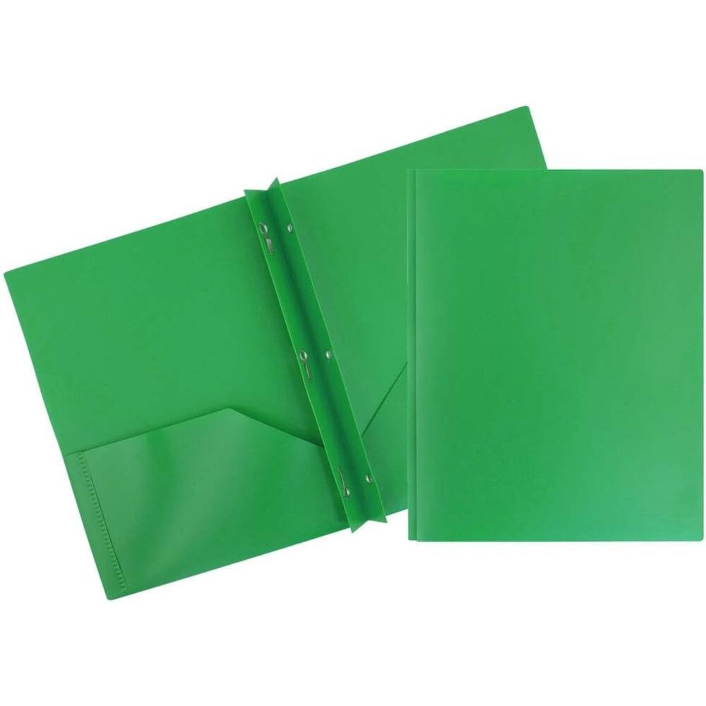 2 Pocket Durable Folders with Metal Prongs Fastener Clasps - Green - 6/Pack